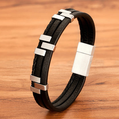 Braided Rope Wrap Leather Bracelets for Men Bangles Fashion Male Women Charm Stainless Steel Clasp Jewelry DIY Customization