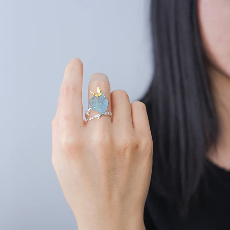 Adjustable Aquamarine Big Gemstones Butterfly Rings for Women Original 925 Sterling Silver Dating Luxury Fine Jewelry
