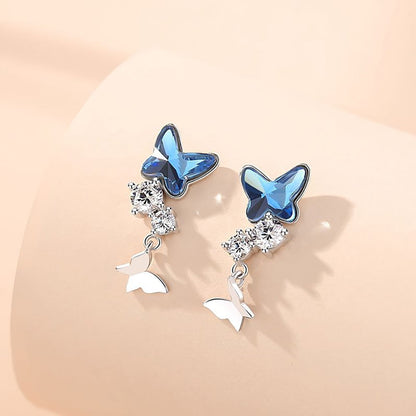 Butterfly Drop Earrings for Women Blue Crystal Sterling Silver