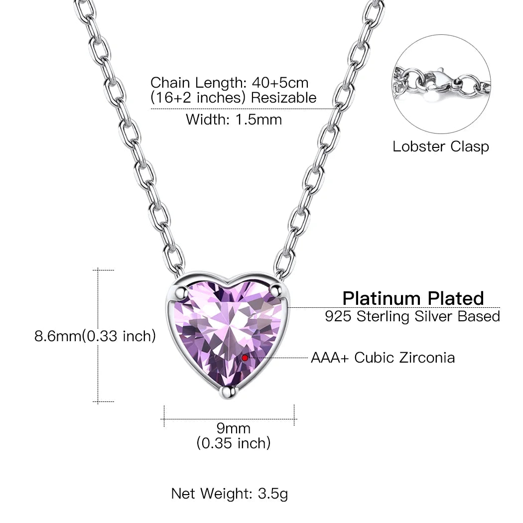 Silver Necklace 925 Sterling Silver Birthstone Love Heart Necklace Mother'S Day Gift