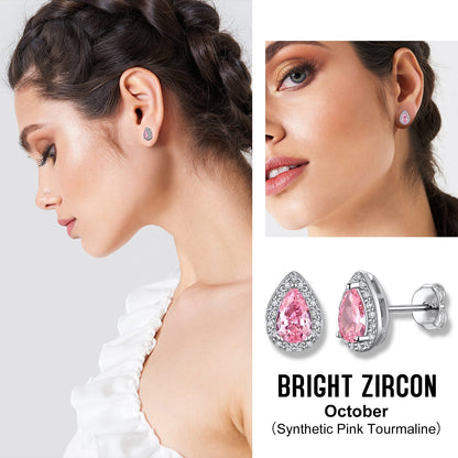 925 Sterling Silver Birthstone Stud Earrings for Women, Sparking October Teardrop Cut Diamond Earrings for Sensitive Ears