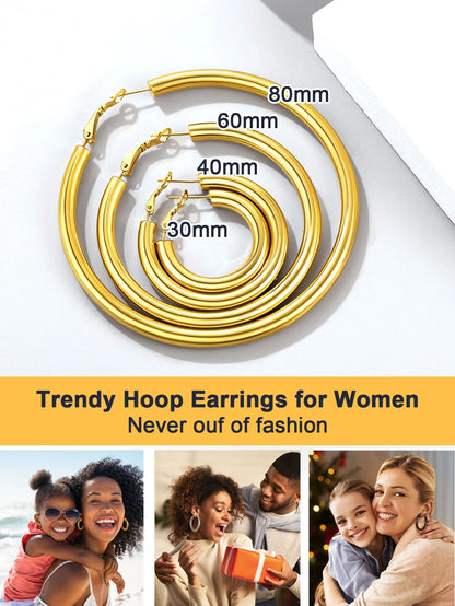 Chunky Hoop Earrings for Women Stainless Steel Jewelry 14K Gold Plated Large Earring 30Mm Birthday Christmas Gift for Daughter Wife