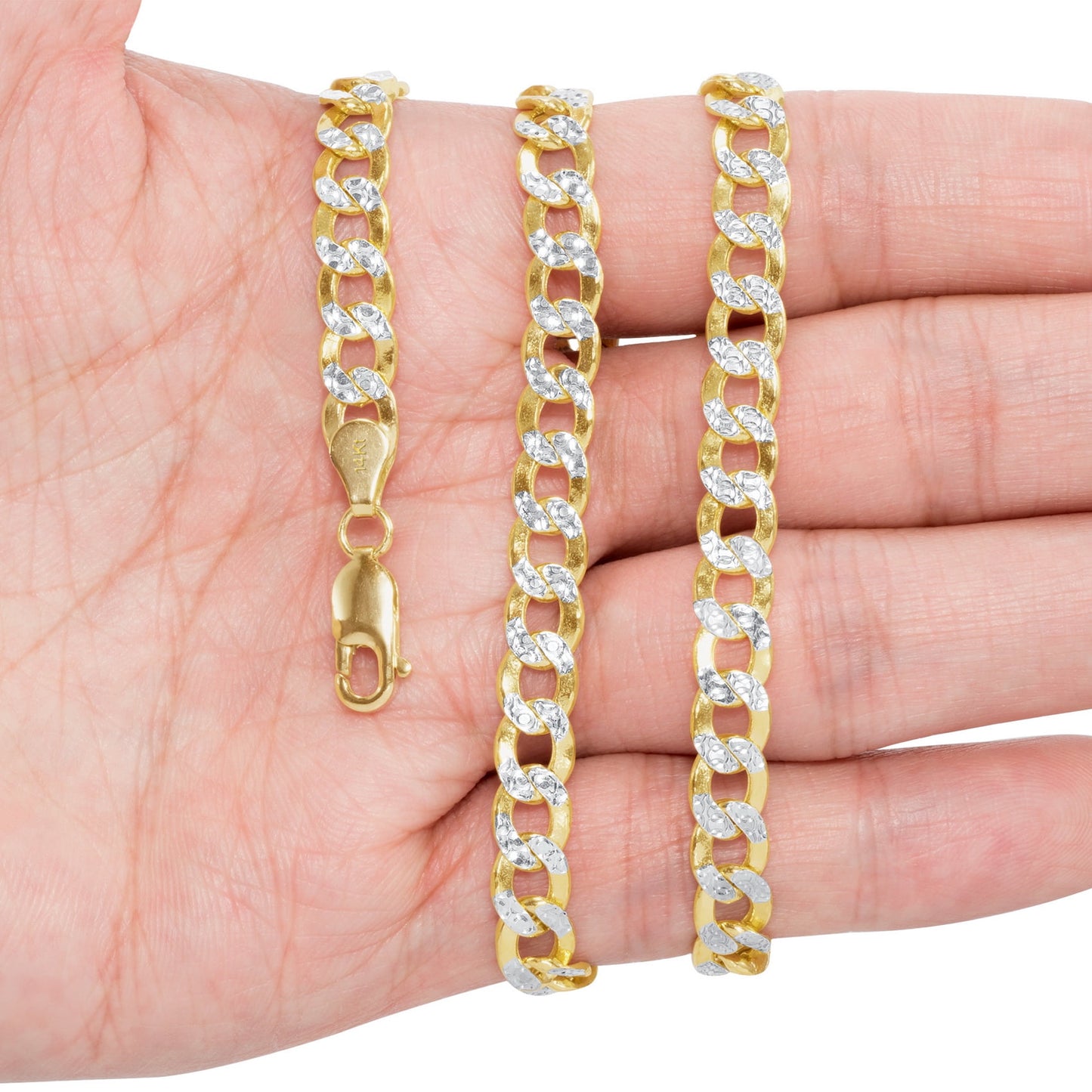 14K Real Yellow Gold Cuban Curb Link 6.5Mm Diamond Cut Pave Chain Bracelet (7"-9") Two Tone Italian Jewelry for Men