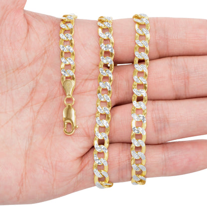 14K Real Yellow Gold Cuban Curb Link 6.5Mm Diamond Cut Pave Chain Bracelet (7"-9") Two Tone Italian Jewelry for Men