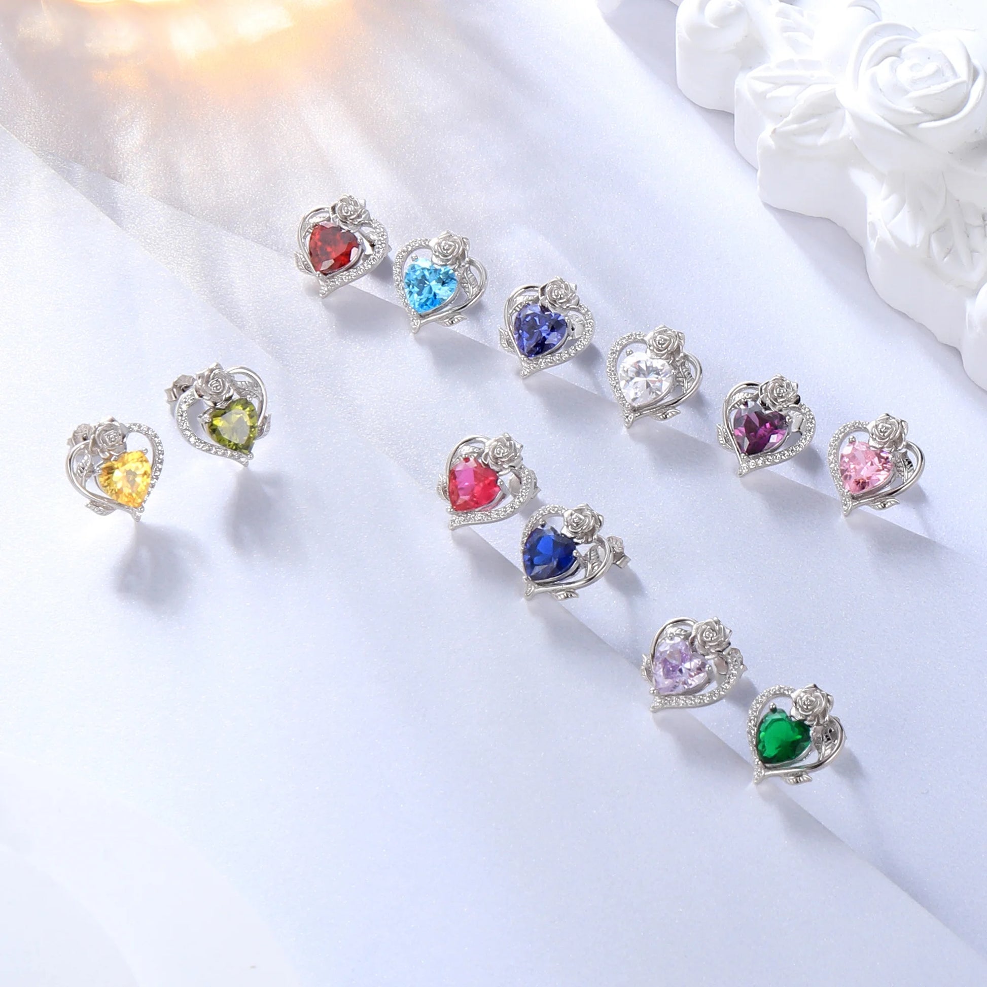 Rose Heart Birthstone Earrings,July Birthstone Rose Flower Heart Earrings Studs 925 Sterling Silver Jewelry Gifts for Women