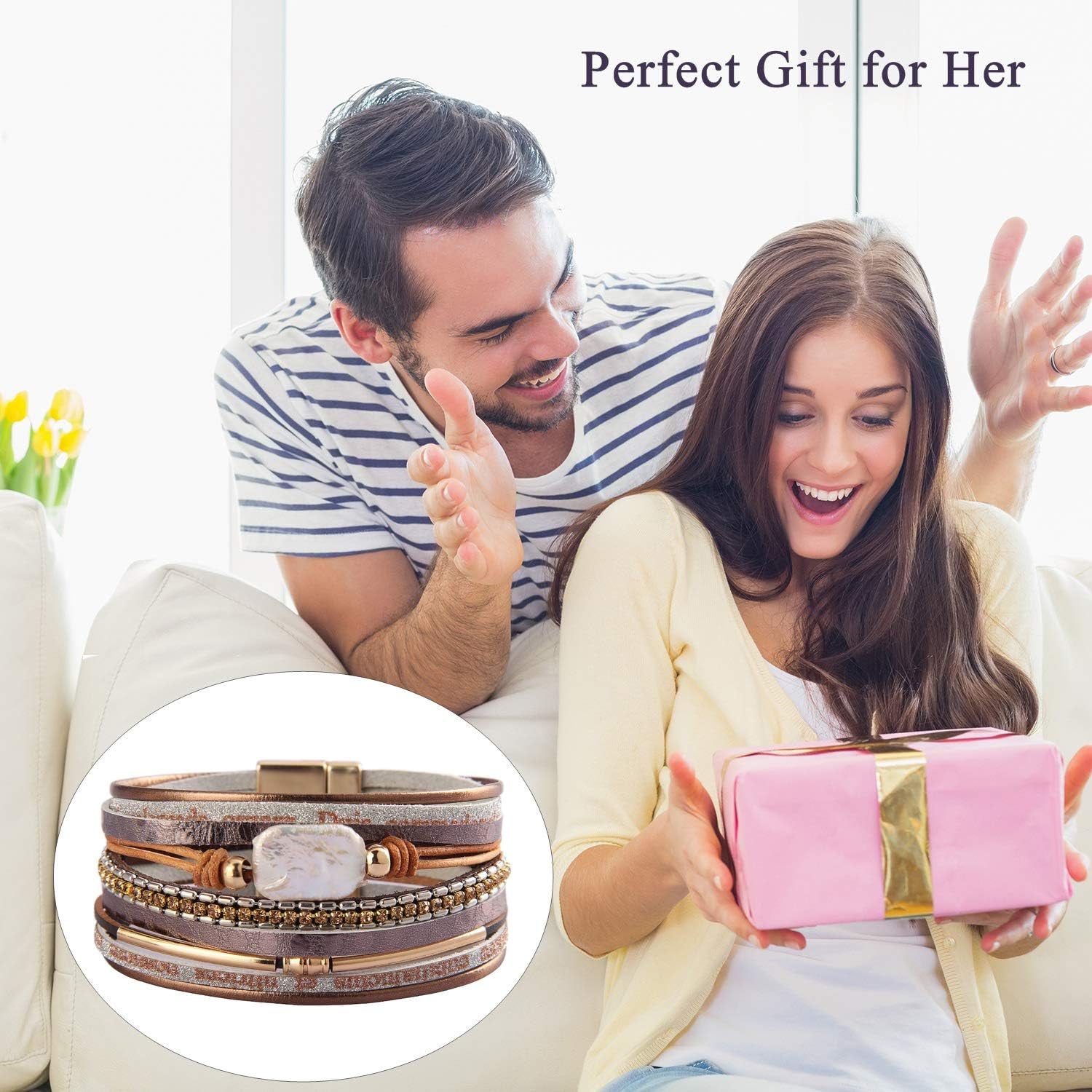 Womens Leather Cuff Bracelet Baroque Pearl Wrap Bracelets Gorgeous Gold Tube Bangle Handmade Wristbands Jewelry Bohemian Gift for Women