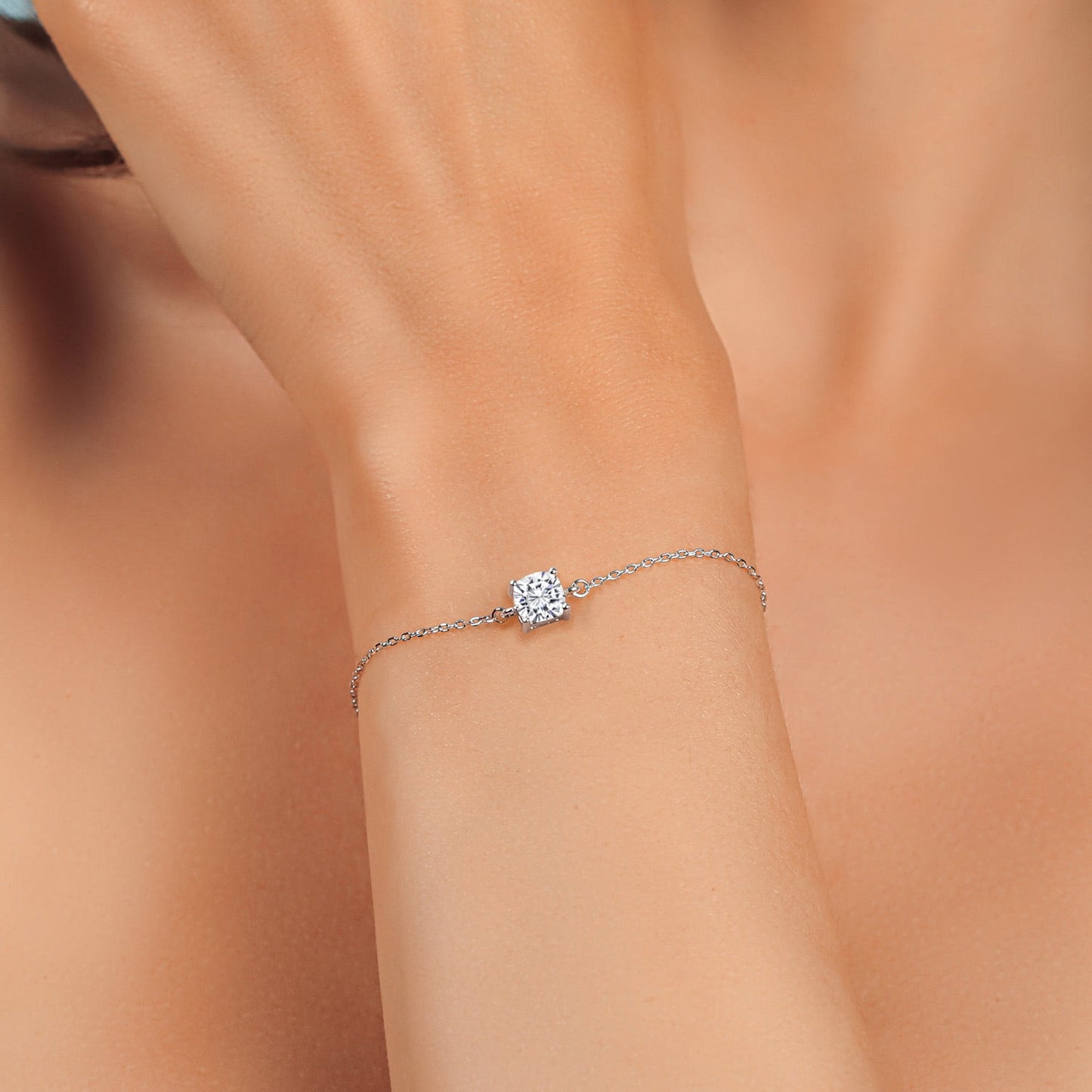 925 Sterling Silver White Moissanite Solitaire Bracelet for Women (1.10 Cttw, Cushion Cut 6MM, Fully Adjustable up to 9 Inch)