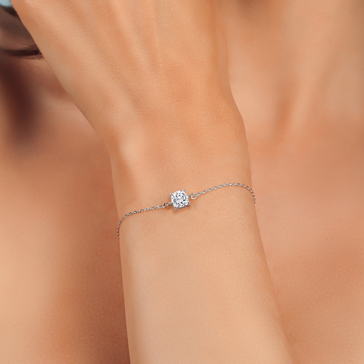 925 Sterling Silver White Moissanite Solitaire Bracelet for Women (1.10 Cttw, Cushion Cut 6MM, Fully Adjustable up to 9 Inch)