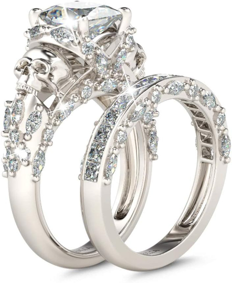 Skull Engagement Ring Sets Sterling Silver Promise Eternity Band Rings Diamond Princess Cut with Cubic Zirconia Wedding Engagement Anniversary Promise Rings Bridal Sets