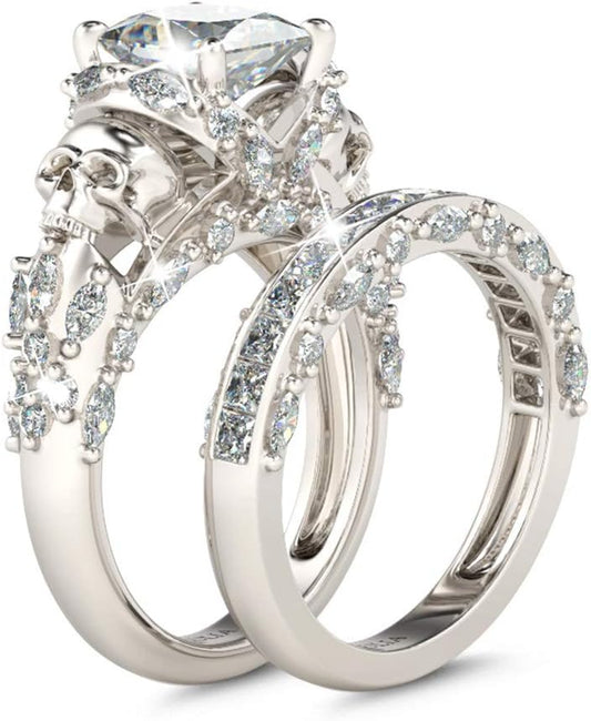 Skull Engagement Ring Sets Sterling Silver Promise Eternity Band Rings Diamond Princess Cut with Cubic Zirconia Wedding Engagement Anniversary Promise Rings Bridal Sets