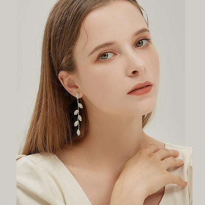 Bridal Earrings for Wedding Rhinestone Dangle Earrings Leaf Earrings Long Earrings Elegant for Women