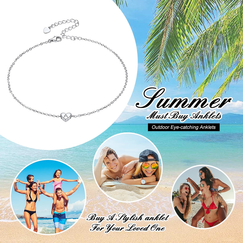 Heart Initial Ankle Bracelets for Women Letter P Sterling Silver Waterproof Anklet Summer Beach Jewelry