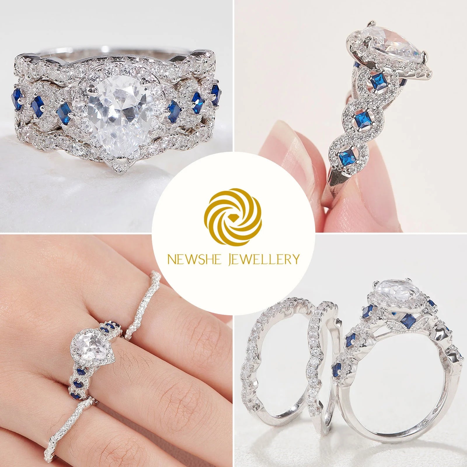 Engagement Wedding Ring Set Rings for Women 925 Sterling Silver 3Pcs 2.5Ct Pear White Cz Blue Size 7