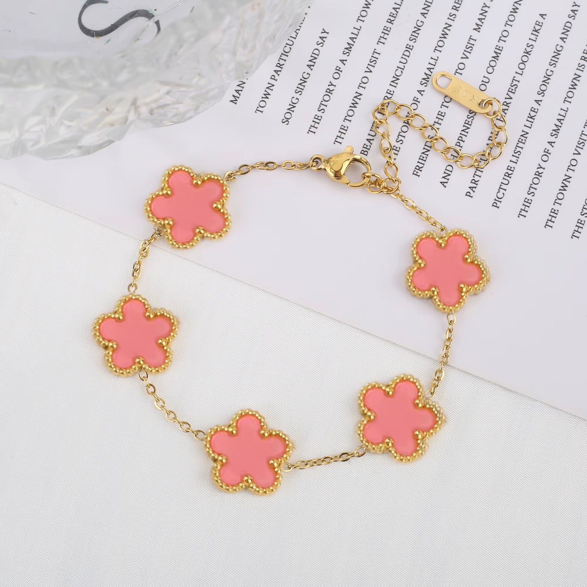 Trend Clover Bracelet for Women Girls 14K Gold Plated Stainless Steel Five Leaf Flower Dainty Lucky Link Bracelets Party Jewelry