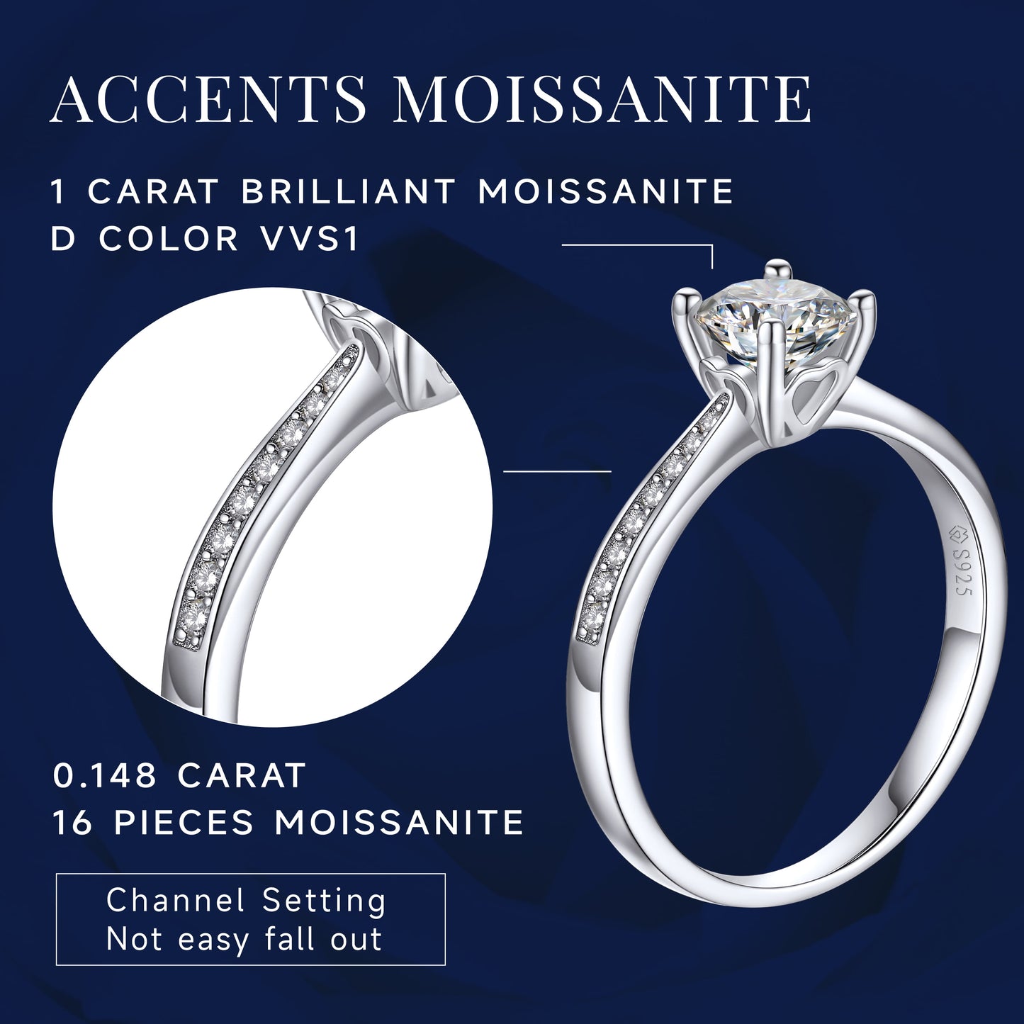14K White Gold Plated Lab-Grown Diamond Solitaire Engagement Ring 1 Carat D Color VVS1 Moissanite Promise Rings for Women Size6.5
