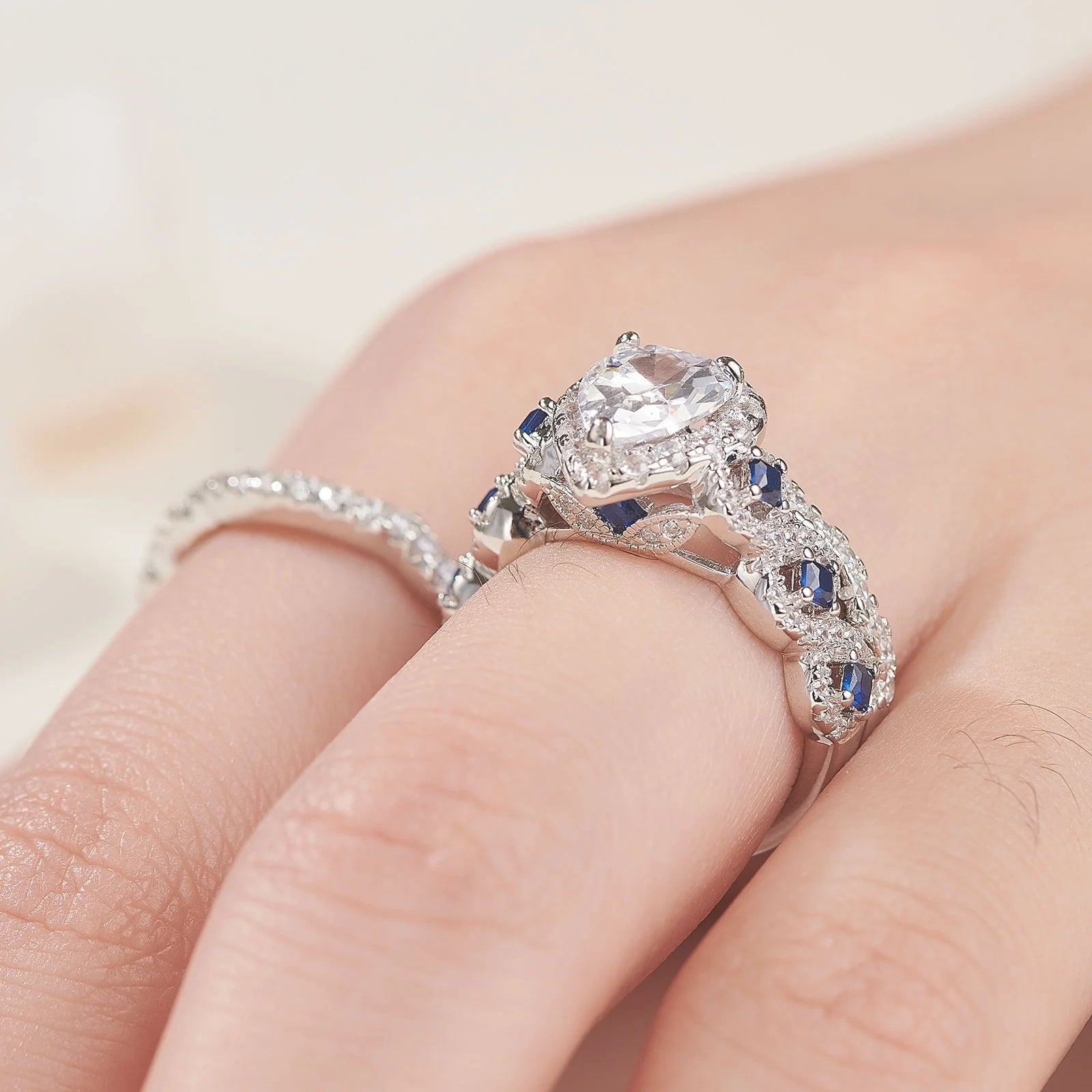 Engagement Wedding Ring Set Rings for Women 925 Sterling Silver 3Pcs 2.5Ct Pear White Cz Blue Size 7