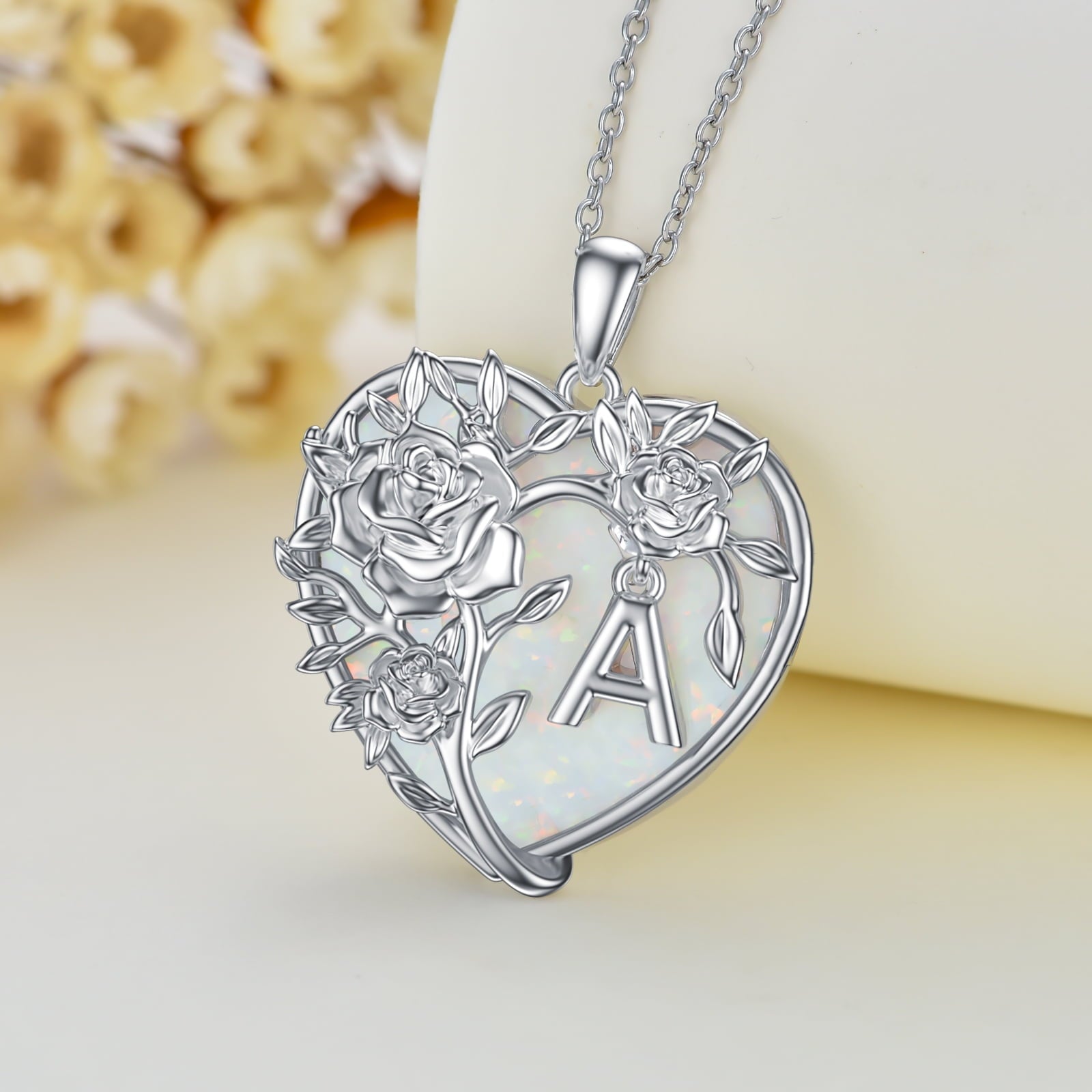 Anniversary Gifts for Women Sterling Silver Initial a Letter Pendant with Heart Opal Rose Necklaces Birthday Anniversary Jewelry Birthday Gifts