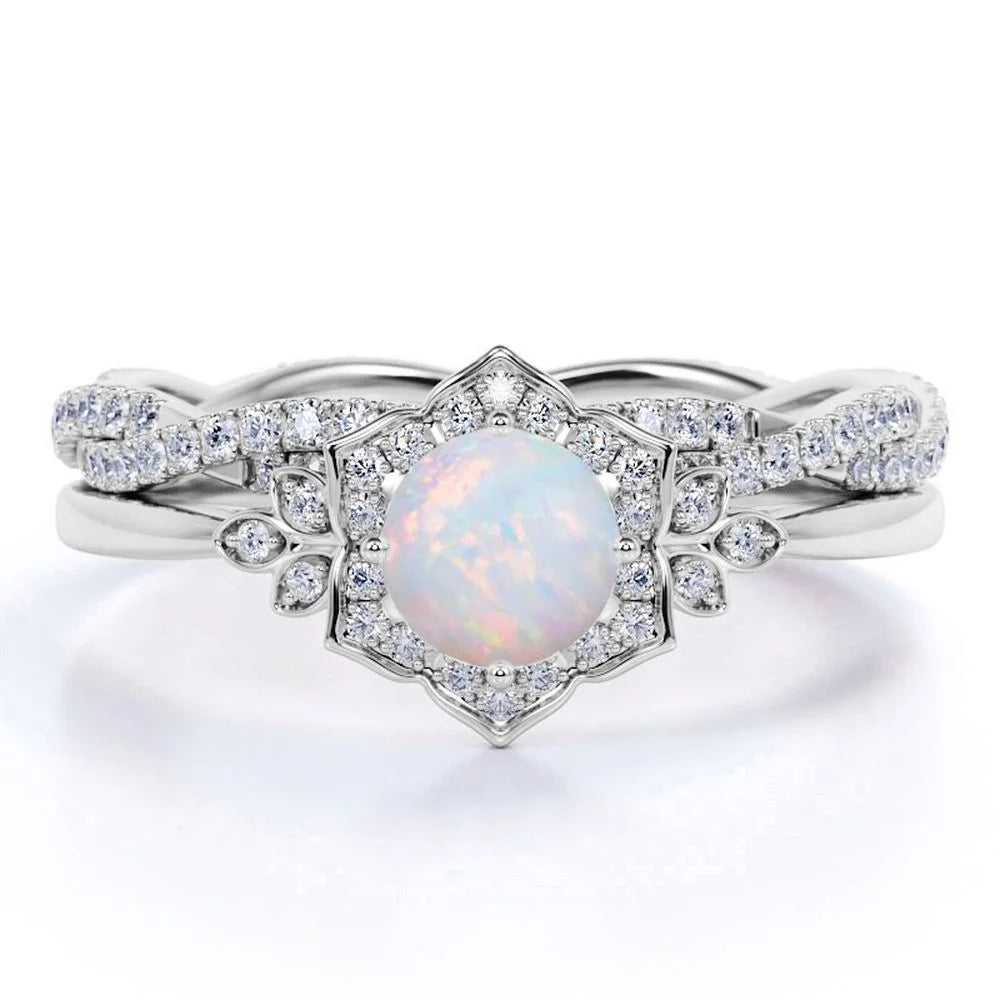 1.75 Ct Genuine round Blue Opal and Moissanite Bridal Ring Set in 18K White Gold over Silver