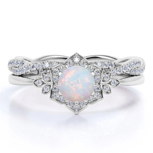 1.75 Ct Genuine round Blue Opal and Moissanite Bridal Ring Set in 18K White Gold over Silver