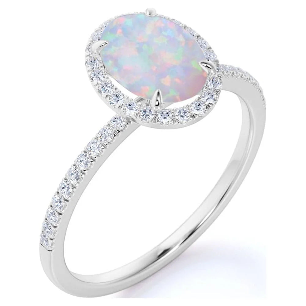 Antique 1.5 Ct Oval Cut Lab Created Opal and Moissanite Halo Promise Ring in 18K White Gold over Silver