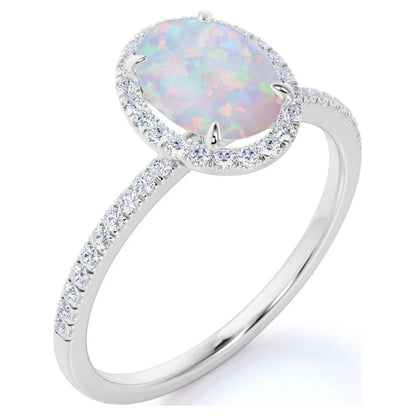 Antique 1.5 Ct Oval Cut Lab Created Opal and Moissanite Halo Promise Ring in 18K White Gold over Silver