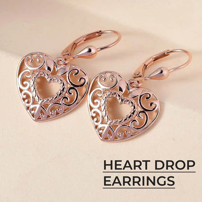 14K Rose Gold Plated Heart Drop Earrings for Women 925 Sterling Silver Lever Back Filigree Jewelry Birthday Gifts for Women