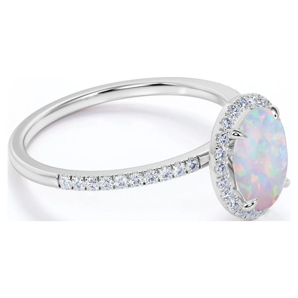 Antique 1.5 Ct Oval Cut Lab Created Opal and Moissanite Halo Promise Ring in 18K White Gold over Silver
