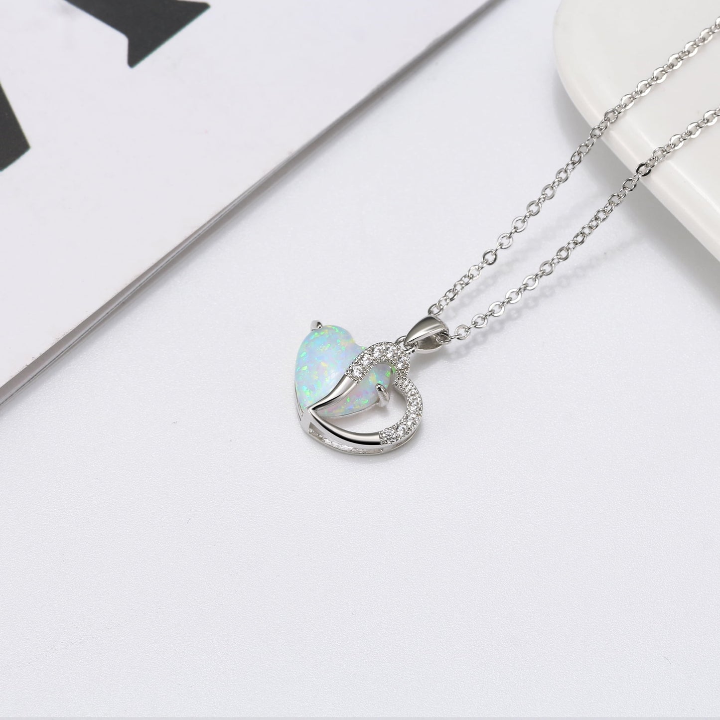 Heart Shape Fire Opal Cz Pendant Chain Necklace for Women