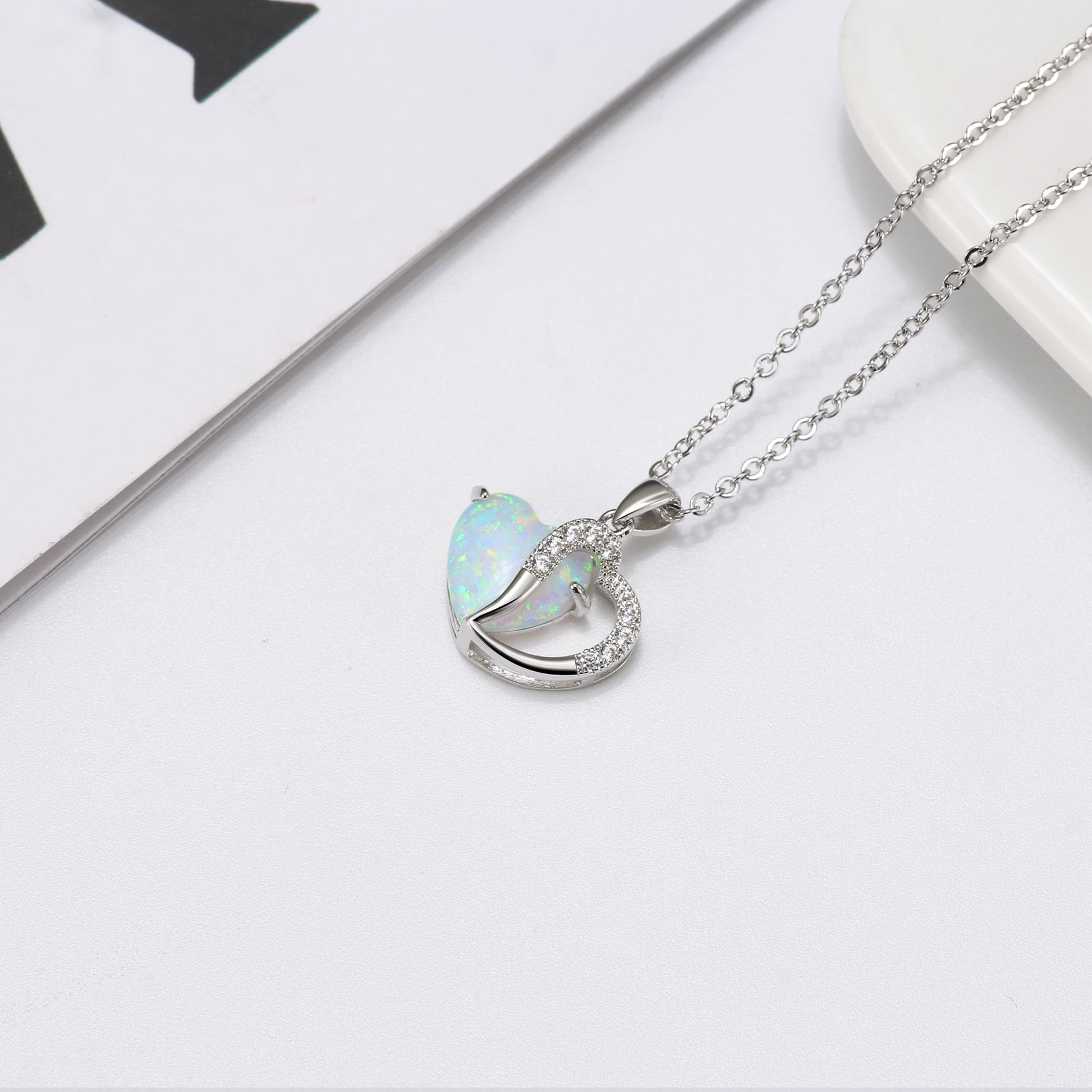 Heart Shape Fire Opal Cz Pendant Chain Necklace for Women