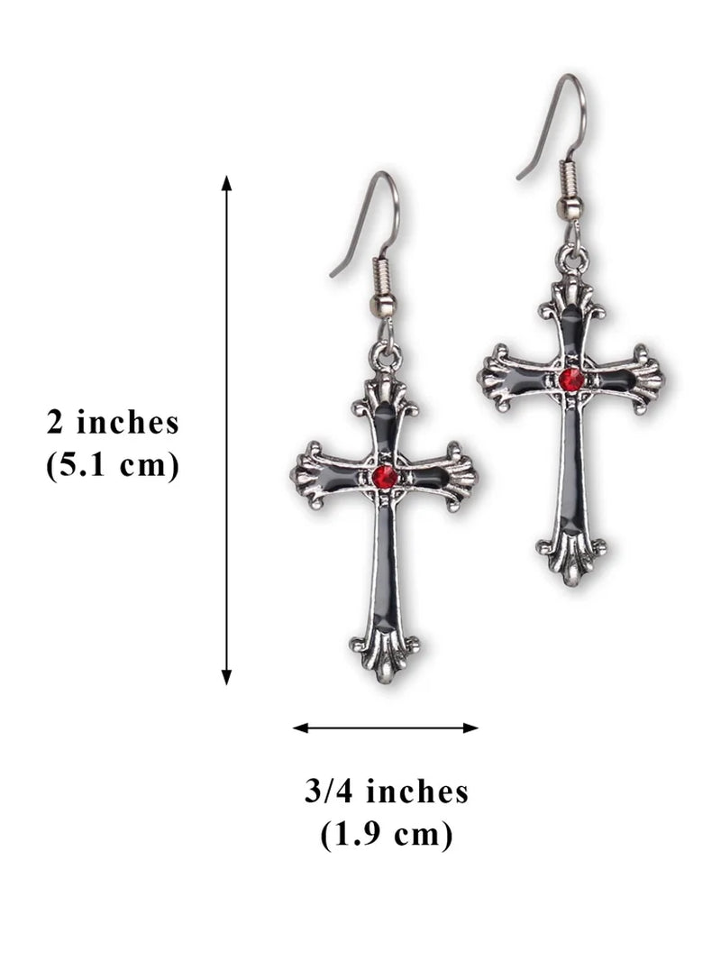 Gothic Victorian Cross Silver Finish Pewter Dangle Earrings with Red Austrian Crystals by Real Metal #1003