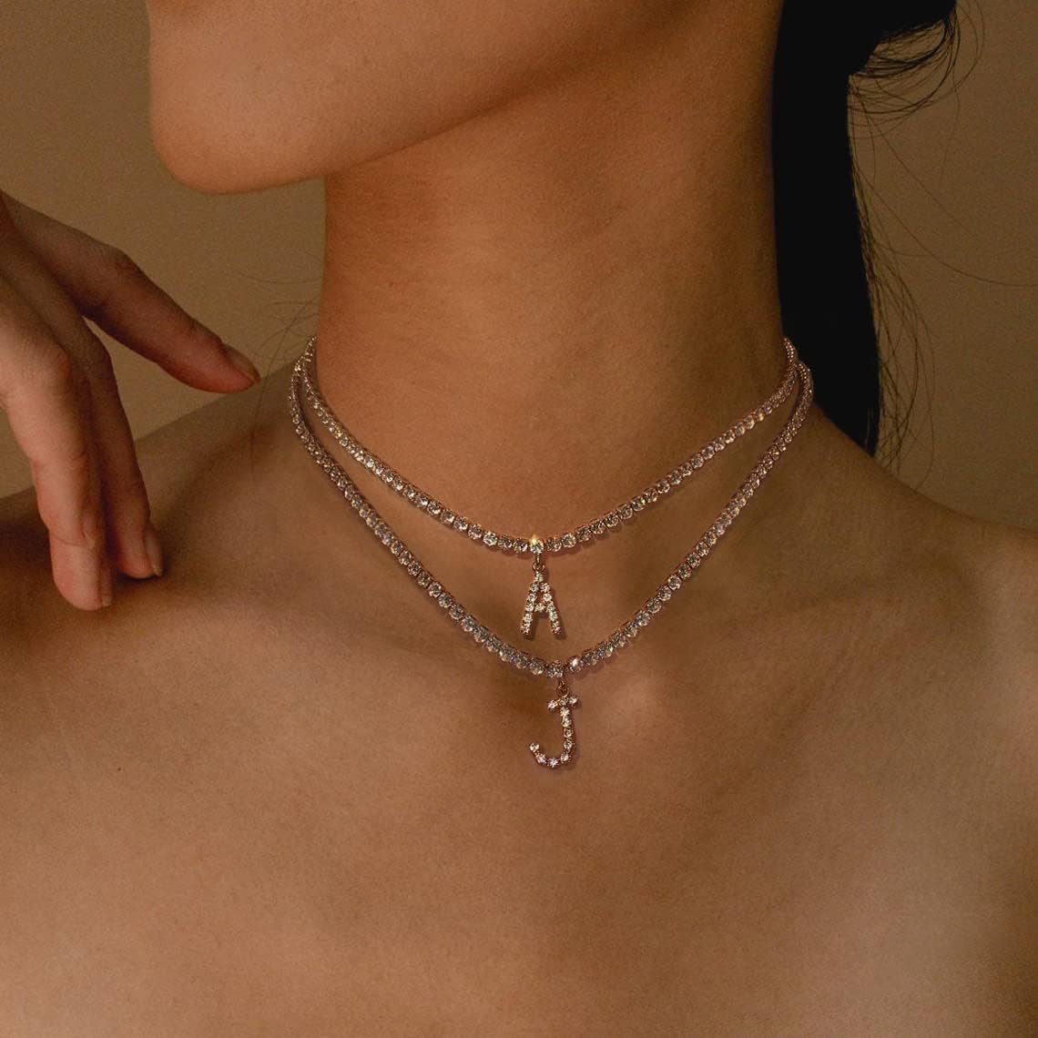 Letter Necklace 14K Gold Plated Tennis Chain Initial Choker Bling Iced CZ Diamond Necklace for Women