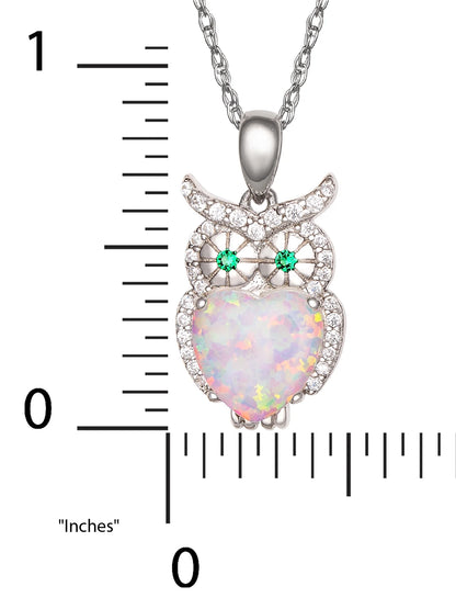 Brilliance Women'S Sterling Silver Cubic Zirconia Opal Heart Owl Pendant Necklace, 18" Chain