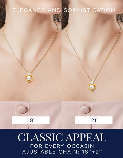 14K Gold Plated Silver Pearl Pendant Necklace,Round Cut Simulated Diamond Heart Necklace Anniversary Wedding Gift for Her