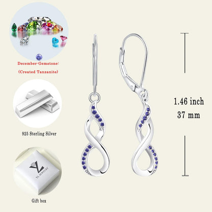 Infinity Dangle Drop Earrings 925 Sterling Silver Leverback Earrings Birthstone Jewelry for Women