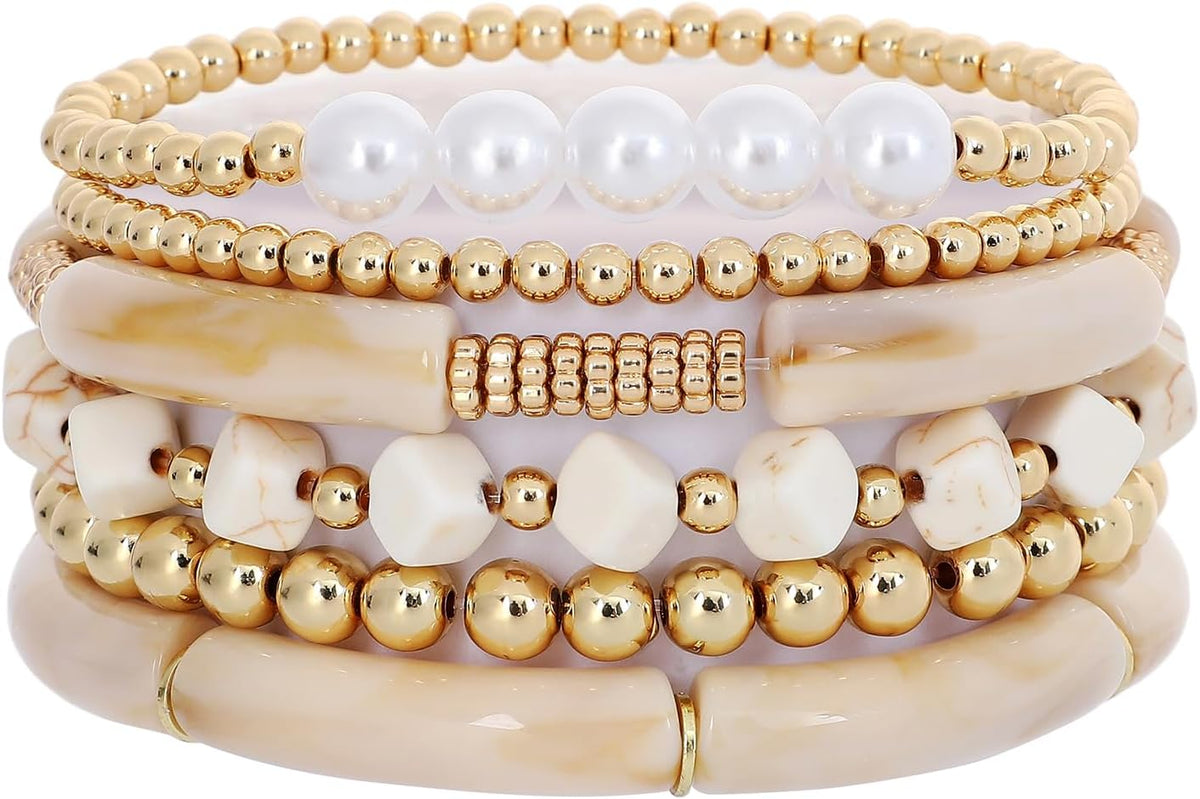 Simple Beaded Gold Bangles Bracelet Chunky Bamboo Tube Curved Stacking Clear Acrylic Colorful Beads Stretchable Gold Bracelets Set for Women