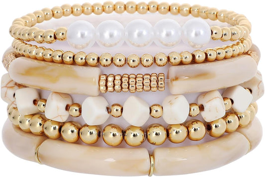 Simple Beaded Gold Bangles Bracelet Chunky Bamboo Tube Curved Stacking Clear Acrylic Colorful Beads Stretchable Gold Bracelets Set for Women