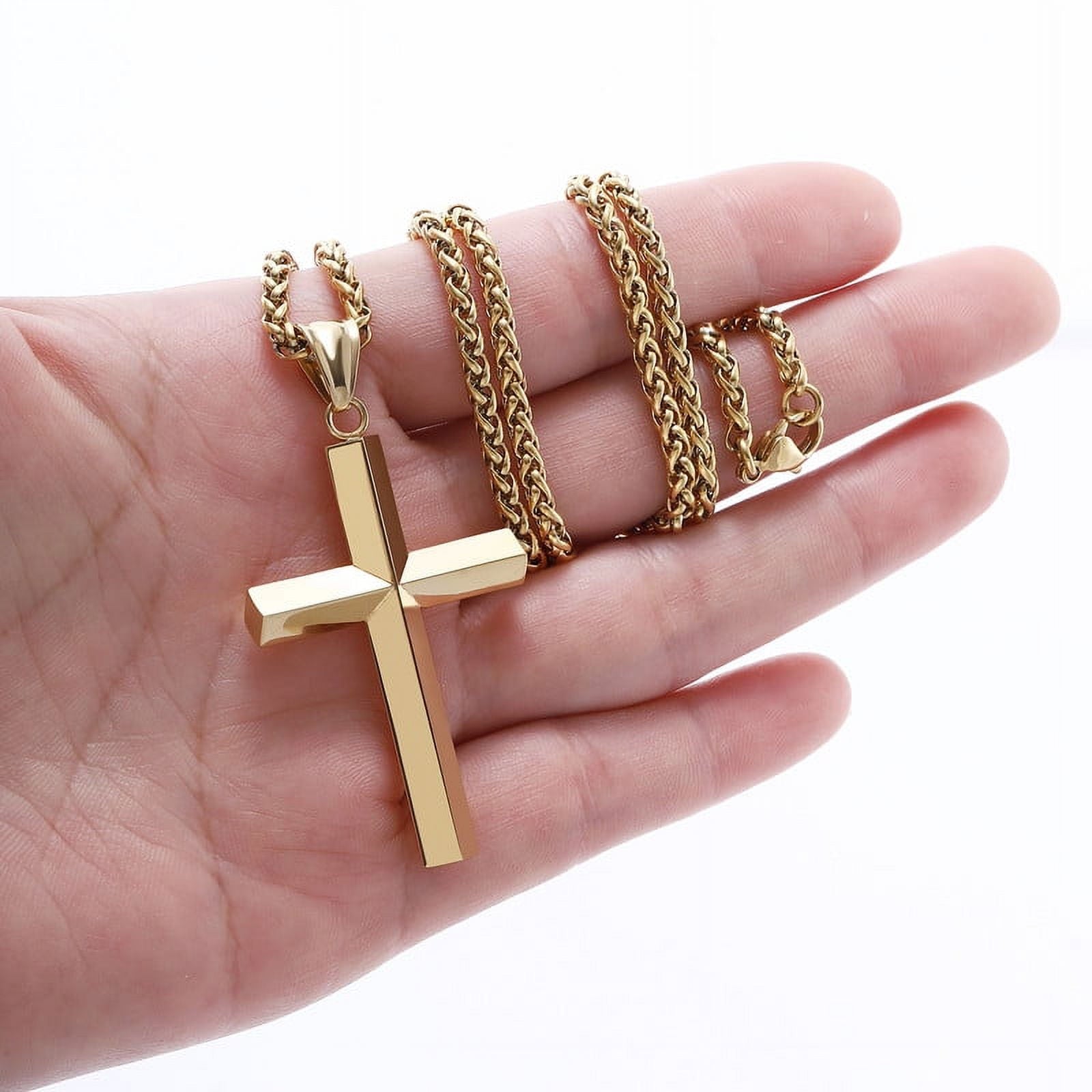 Beveled Edge Gold Cross Necklaces for Men Boys Stainless Steel Cross Pendant Chain Religious Christian Graduation Birthday Jewelry Gifts Ideas Dad Husband Son Teen Teenage Kids Age 24 Inch