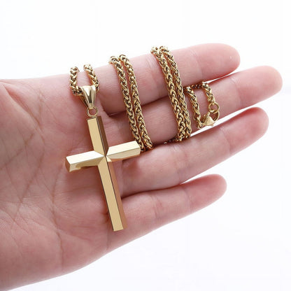 Beveled Edge Gold Cross Necklaces for Men Boys Stainless Steel Cross Pendant Chain Religious Christian Graduation Birthday Jewelry Gifts Ideas Dad Husband Son Teen Teenage Kids Age 24 Inch