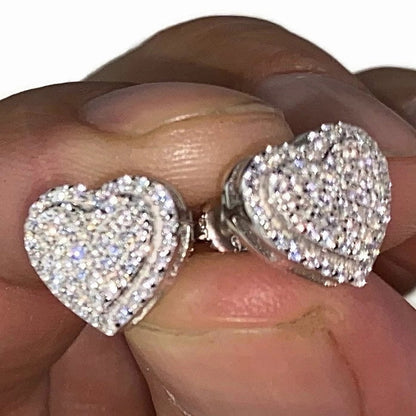 Real Solid Sterling Silver Hearts Iced Women'S Earrings Heart Shaped CZ Screw Back 925 Stamp Micro Pave