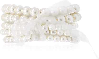 5 Pcs Faux Pearl Bracelet Set for Women Beaded Stretch Strand Bracelets for Bridesmaid,Bridal,Party Jewelry