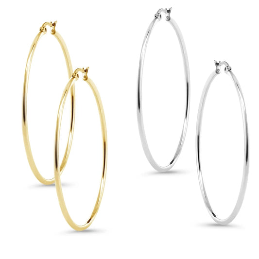 Stunning Stainless Steel Hoop Set of Two Earrings (50Mm Diameter) Two-Pair Set