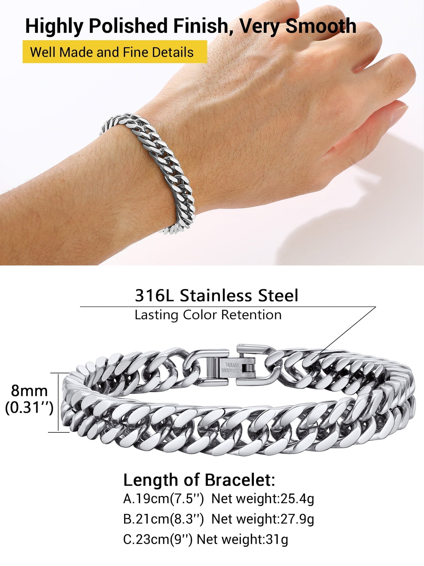 Silver Cuban Link Chain Bracelets Men Stainless Steel 8Mm Franco Chain Bracelet for Son Husband Father'S Day Hand Bracelet Jewelry Birthday Teen Graduation Gifts 7.5 Inch
