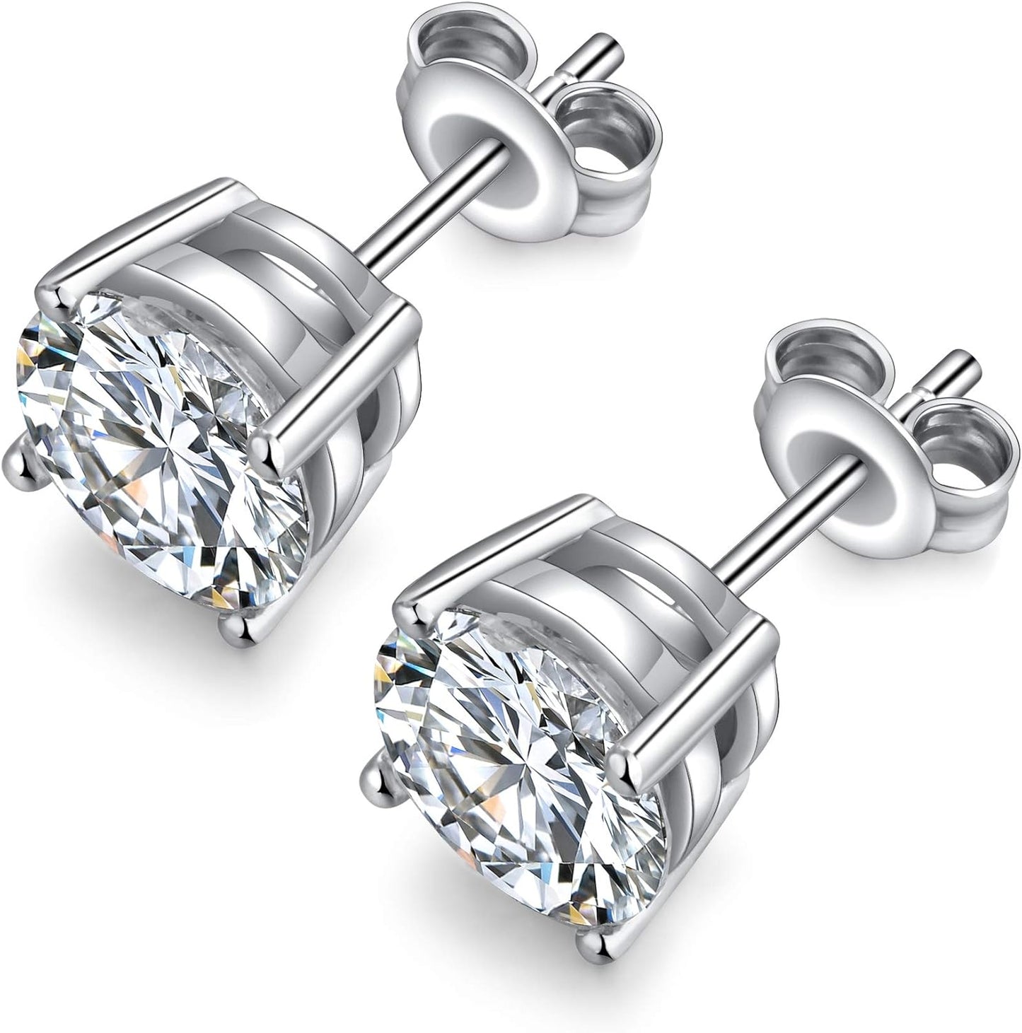 Men Stud Earrings, 18K White Gold Plated 4 Pong round CZ Earrings, 925 Sterling Silver Stud Earrings for Women/Men 3MM-8MM Available