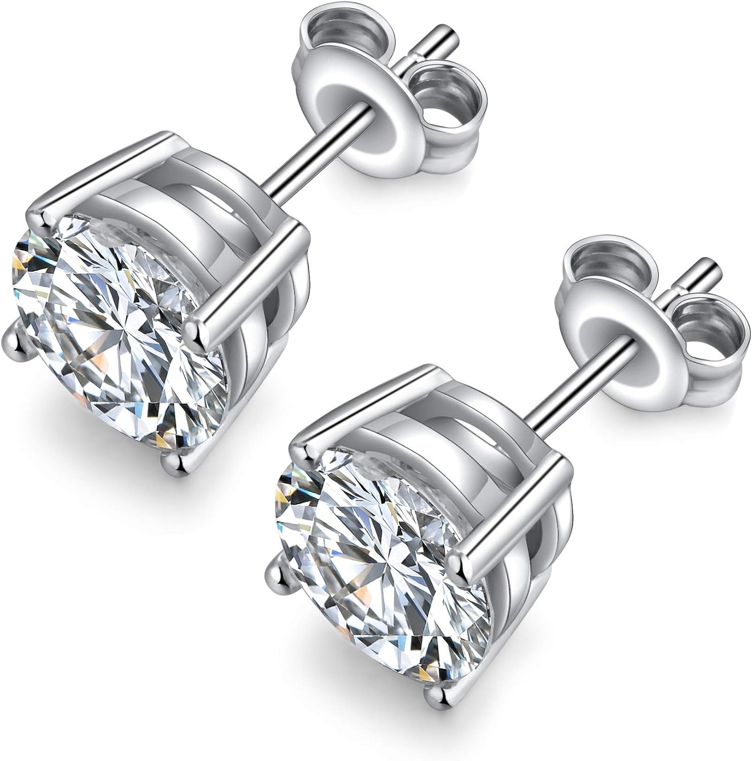 Men Stud Earrings, 18K White Gold Plated 4 Pong round CZ Earrings, 925 Sterling Silver Stud Earrings for Women/Men 3MM-8MM Available