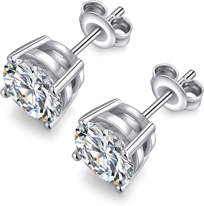 Men Stud Earrings, 18K White Gold Plated 4 Pong round CZ Earrings, 925 Sterling Silver Stud Earrings for Women/Men 3MM-8MM Available