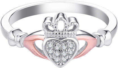 925 Sterling Silver Cubic Zirconia Rose Gold Claddagh Heart Promise Rings for Her,Birthstone Rings for Women