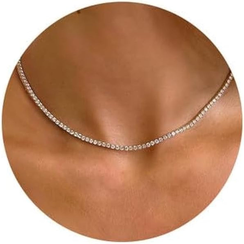 Tennis Necklace 14K Gold Plated/Silver Sparking Rhinestone Choker Necklaces Dainty Crystal Cubic Zirconia Bridal Wedding Jewelry for Women