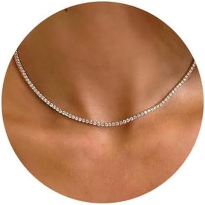 Tennis Necklace 14K Gold Plated/Silver Sparking Rhinestone Choker Necklaces Dainty Crystal Cubic Zirconia Bridal Wedding Jewelry for Women
