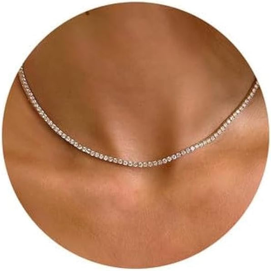 Tennis Necklace 14K Gold Plated/Silver Sparking Rhinestone Choker Necklaces Dainty Crystal Cubic Zirconia Bridal Wedding Jewelry for Women