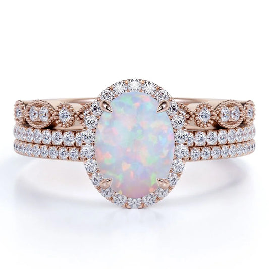 Antique 2 Ct Oval Blue Opal and Moissanite Trio Engagement Ring Set in 18K Rose Gold over Silver